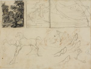 素描：三幅风景画、马和蹄子