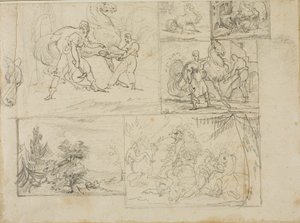 三幅研究作品，包括一幅林间风景速写和一幅骑兵战斗速写 作者 让·路易·安德烈·西奥多·杰里科