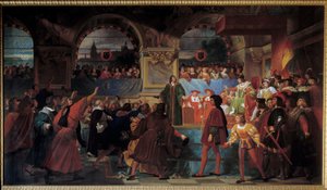 King Louis XII proclaimed father of the people to the States General of Tours on 14 May 1506. This title is given to him because he reduced the size, tax paid by commoners. Painting by Jean Louis Bezard (1799-1861)
