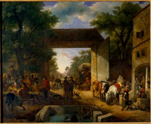 旅馆门口的集市 画由 Jean Louis Demarne (1744-1829) 19 世纪 Sun。 0,5x0,6 m