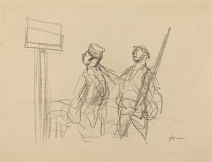 两个士兵在看标语牌，可能是1918年。 作者 让·路易·佛兰