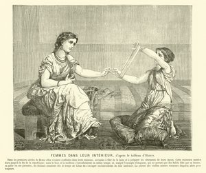 Women spinning wool in a house, ancient Rome (engraving)