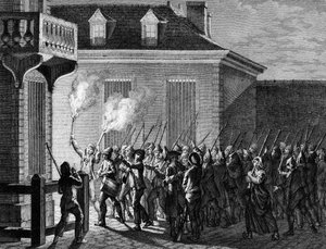 法国大革命：巴黎人民在 1789 年 7 月 12 日至 13 日夜间守卫。贝托在普里尔之后雕刻。 巴黎，革命史研究所图书馆 作者 尚·路易二世（后）普里尔