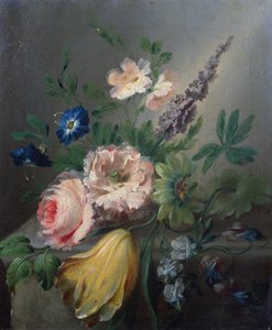 玫瑰，激情花，郁金香和其他花的静物画在石壁架