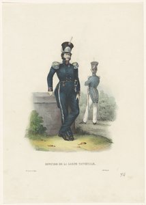 国民卫队军官，1828 年
国民卫队军官（物品上的标题）
比利时的服饰：古代和现代，军事、民事和宗教，1830 年（系列标题） 作者 让·路易斯·范·赫默里克
