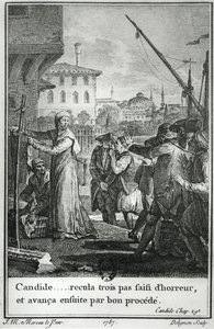 Candide ......惊恐地抓住了三个步骤，然后进行了一个很好的过程，由Candide by Francois Voltaire（1694-1778）的第29章插图，由Jean Louis Delignon（1755-1804）1787年刻 作者 让-米歇尔小莫罗