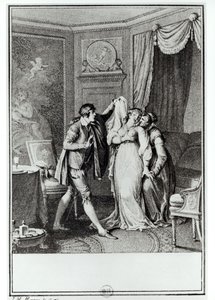 “脱掉那面纱”老女人向Candide说道，弗朗索瓦·伏尔泰（1694-1778）1787（雕刻）的“Candide”第7章插图（bw照片）