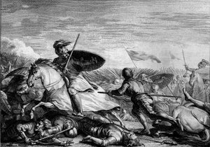 丰特努瓦之战，841年：洛泰尔一世（795-855）的军队被击败后的逃亡。让-米歇尔-莫罗（Jean Michel Moreau）（1741-1814）的版画。 作者 让-米歇尔小莫罗