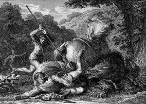 卡洛曼二世死于（867-884）一场狩猎比赛，884年。一个仆人想帮助被野猪袭击的国王，不小心把他的间谍塞进了国王的大腿。让-米歇尔-莫罗（Jean Michel Moreau），又名莫罗青年（Moreau le Jeune）（1741-1814）的版画。 作者 让-米歇尔小莫罗