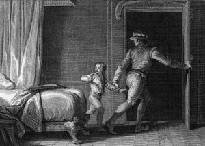诺曼底公爵理查德的逃亡，944年：被奥特雷默国王路易四世囚禁在法国，未来的诺曼底理查德一世（930-996）在这些军官之一的奥斯曼的帮助下获释。让-米歇尔-莫罗（Jean Michel Moreau）的版画，又名莫罗-勒琼（Moreau le Jeun）的作品 作者 让-米歇尔小莫罗