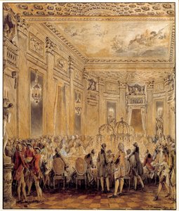 巴里伯爵夫人（1743-1793 年）、路易十五的情妇珍妮·贝库（Jeanne Becu）于 1771 年 9 月 2 日在 Louveciennes 城堡举办的盛宴。 Jean Michel Moreau le Jeune（1741-1814 年）的水彩画。 太阳 0.31x0.26 m 巴黎，卢浮宫博物馆 作者 让-米歇尔小莫罗