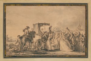 1773年，玛丽·安托瓦内特（Marie Antoinette）离开马车，被她的紧身胸衣包围着，抚慰着农民。 作者 让-米歇尔小莫罗