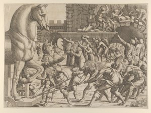 特洛伊人将木马带入他们的城市，1535-55。