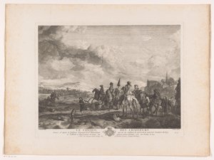 风景中休息的狩猎队
Le Conseil des Chasseurs（物品上的标题）
根据飞利浦-乌尔曼（Philips Wouwerman）画作绘制的版画（系列名称
Oeuvres de Ph.pe Wouwermans Hollandois（系列名称）