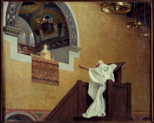 Saint John Chrysostom (349-407) 和 Imperatrix Eudoxia (? 404)。 族长责怪西皇尤多克西娅（尤多克夏·艾莉亚），责怪她的奢侈和爱炫耀。 让·保罗·劳伦斯 (1838-1921) 的绘画 作者 让·保罗·劳伦斯