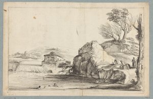 小瀑布与游泳者的风景 Jabach 橱柜的印刷品和图纸（系列标题） 作者 让·佩内