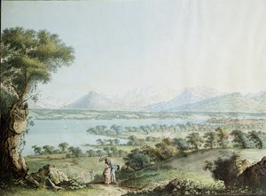 勃朗峰与日内瓦在前景中的视图，由Jean Philippe Linck II（1770-1812）和Jacob Philippe Hackert（1737-1807）雕刻 作者 让·菲利普二世·林克