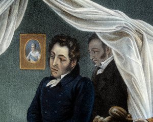 拿破仑之死，1821年5月5日在圣赫勒拿，表现路易-艾蒂安-圣丹尼斯的细节，他被称为 "马穆鲁克-阿里"（1788-1856）。Jean Pierre Marie Jazet（1788-1871）根据Charles Auguste Steuben（1788-1856）的画作制作的石版画，Malmaiso