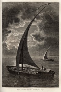 Les barques du haut Nile, reduced crew and passengers sleeping on deck, in moonlight, engraving after J.Moynet