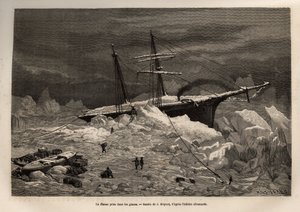 The German ship La Hansa caught in the ice, the crew hasten to unpack the necessary objects and provisions, before abandoning the ship and continuing the expedition on the ice, engraved after the drawing of J.Moynet, illustrating the voyage of the ships La