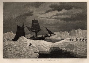 船员拖着德国船 La Hansa 越过冰障到达通航水域，这幅画是在 J.Moynet 的画后雕刻的，描绘了 La Germania 和 La Hansa 在 1869-1870 年航行到北极的航行，由 海格曼船长，发表