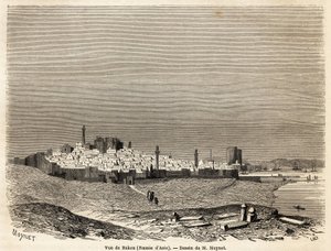 1858 年 10 月，Moynet 先生绘制的巴库（俄罗斯、阿塞拜疆）视图，以说明前往里海沿岸的航行。 雕刻在“”Le tour du monde, nouveau journal des voyages””巴黎
