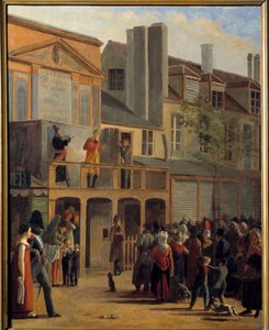 街头剧院：“”Bobeche 和 Galimafre 的游行在剧院 des delassements comiques 前的圣殿大道上“”让·罗勒（Jean Roller，1798-1866）1820 年作画。 1.01x0.83 m 巴黎，Musee Carnavalet 作者 吉恩·罗勒