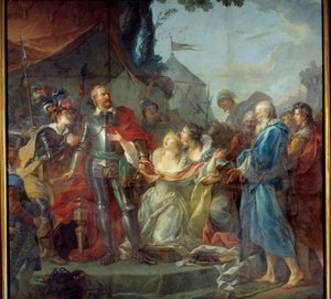 1347 年对加来的围攻是加来六位资产者中最著名的圣彼得的尤斯塔什 (Eustache) 的虔诚，他前往英格兰国王爱德华三世，恳求加来居民的恩典（1347 年 8 月）。 让·西蒙作画