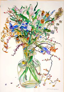 矢车菊、石竹、诚实金盏花、干叶、浆果