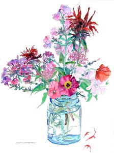 玻璃瓶中的香蜂草和罂粟花，2009 年（纸上水彩和墨水）
