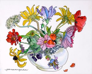 蓝白瓷碗中的黑眼苏珊、皇后蕾丝和波斯菊（纸上水彩和墨迹）