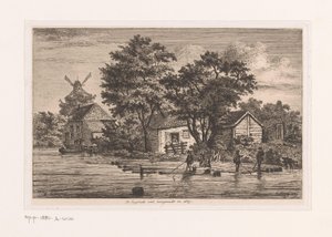 安特卫普 Engelsche 马甲收集树干的场景，背景为建筑物和风车
1867 年填充的 Engelsche 背心（物品上的标题） 作者 让·西奥多·约瑟夫·林尼