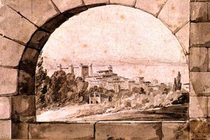 布拉奇亚诺的城市和湖泊景观，约1810年（纸上钢笔和棕褐色墨水与棕褐色水洗）。 作者 让·托马斯·蒂博