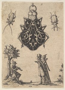 形似甲虫的吊坠，上面有一对夫妇和一个演奏乐器的年轻人，1619年。 作者 让·图坦