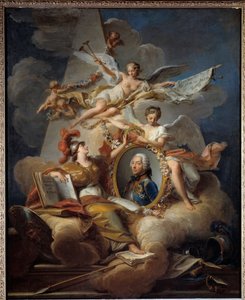 路易·查尔斯·奥古斯特·富凯 (Louis Charles Auguste Fouquet) 的寓言画像，贝勒岛公爵，法国元帅 (1684-1761)。 画中画。 让·瓦拉德 (1709-1787) 1758 年作画 1x0.8 米