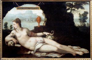 Eva Prima pandora 代表了一个女人，跨越了夏娃和潘多拉的特征，他们都给地球带来了所有的邪恶。 Jean Cousin 的绘画 (Vanite) 称为父亲 (1490-1560) 16 世纪。 暗淡。 0,97x1,5 m。