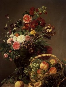 与花和果子的静物画在篮子