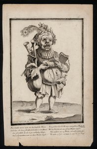男子手持风笛，头戴孔雀羽毛头饰，超现实主义服装印花，c1700（雕刻） 作者 耶利米斯·沃尔夫（Jeremias Wolff）