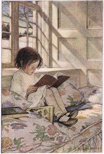 一个女孩在读书，选自罗伯特-路易斯-史蒂文森的《孩子的诗歌花园》，1885 年出版（彩色石版印刷）。 作者 杰西·威尔考克斯·史密斯