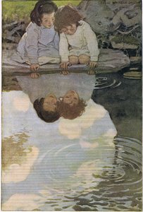 孩子们看着自己的倒影，摘自罗伯特·路易斯·史蒂文森 (Robert Louis Stevenson) 的《儿童诗句花园》，1885 年出版（彩色平版印刷） 作者 杰西·威尔考克斯·史密斯