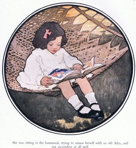 她坐在吊床上，试图用一本旧地图册自娱自乐，但一点也不成功（彩色平版）。 作者 杰西·威尔考克斯·史密斯