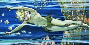 男孩游泳》，插图选自查尔斯-金斯利的《水宝宝》（纸面水粉画）