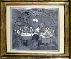 摩西-乌尔曼家族在卡舍餐厅举办的 "卡巴内节"。纸上绘画，1831年钢笔水洗，35.5 x 31.3厘米。(JM 189) 瑞士巴塞尔犹太博物馆。 作者 犹太学校