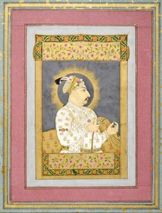 穆罕默德·沙阿的肖像拿着祖母绿和Huqqa的喉舌，1730墨水与纸和黄金在纸上 作者 Jharokha Nidha Mal