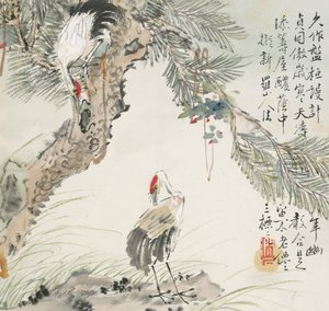 松树旁的一对仙鹤，1857年
