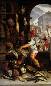 “厨房场景与盛宴的比喻”细节 一个人准备鱼。 Joachim Wtewael (1556-1638) 作画 0,63x1 米巴黎，卢浮宫博物馆。 作者 约阿希姆·维特瓦尔或乌特瓦尔