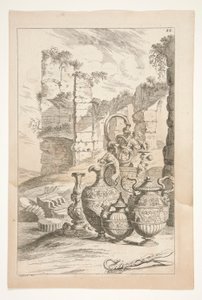 废墟景观中的烛台和有柄装饰瓮，选自《Sculpturae Veteris Admirata》。