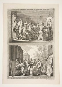上半部分： COMPOSIT ZEUXES IUNONEM E QUINQUE PUELLIS 下半部分： PARRHASIUS VELO, VOLVCRIS CEV FALLITOR VUA