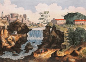 蒂沃利（罗马）的Aniene瀑布，来自Civitatis Admirandorum Italiae，由Joan Blaeu绘画。