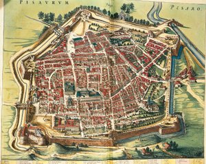 意大利，佩萨罗地图，出自Joan Blaeu的Theatrum civitatum et admirandorum Italiae，雕版。